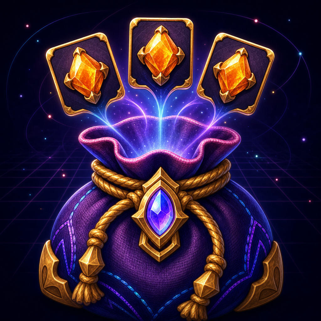 A purple magical bag with gold trim releasing three glowing gem cards against a star-lit indigo background