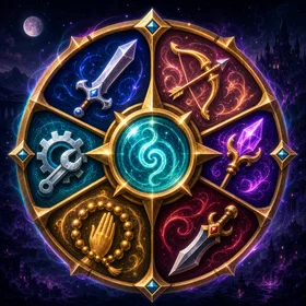 Meta Adventurer class wheel with six glowing fantasy archetypes against a moonlit world