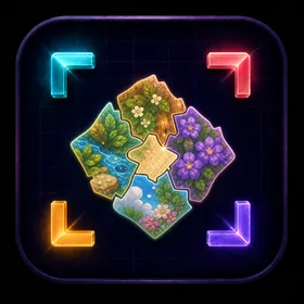 Four illustrated irregular puzzle pieces joined by a glowing central keystone between four player corners