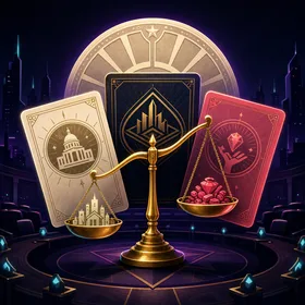 Civic and temptation cards balanced on a golden scale in a night-lit council chamber