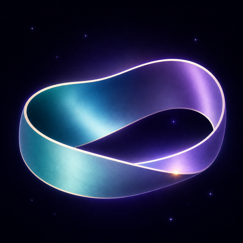 A luminous blue and violet Möbius strip floating against a starry night background